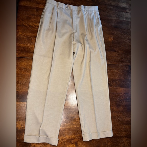 Sette Ponti Men's Khaki Pants Cuff Hem Pleated Front 100% Wool- Size 36 x 30 - Picture 1 of 9